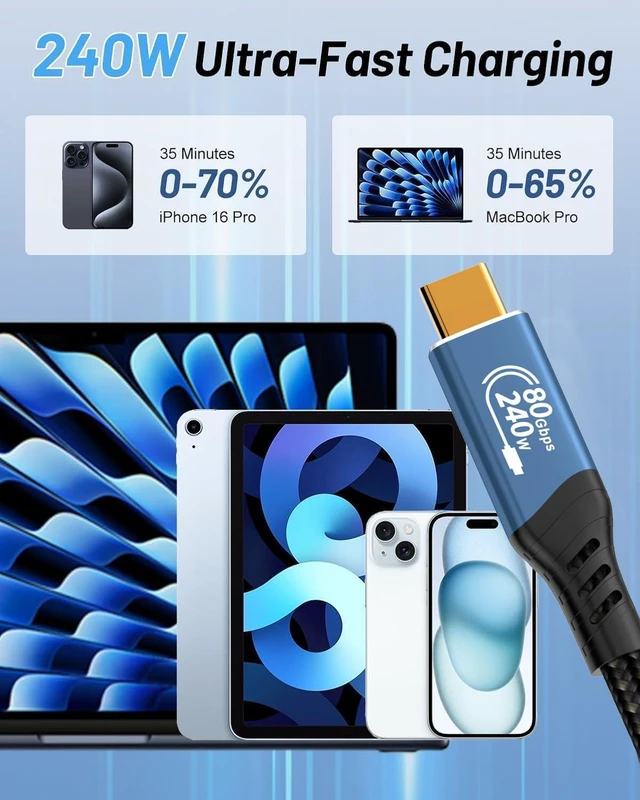 Alt view image 6 of 7 - PremiumCord USB4 Version 2 Connection Cable, Thunderbolt 4, 16K @ 60Hz, Data Cable UltraSpeed up to 80 Gbit/s, E-Marker, Curved USB Type C Plug, Quick Charge up to 240 W, Colour Blue, Length 1.5 m