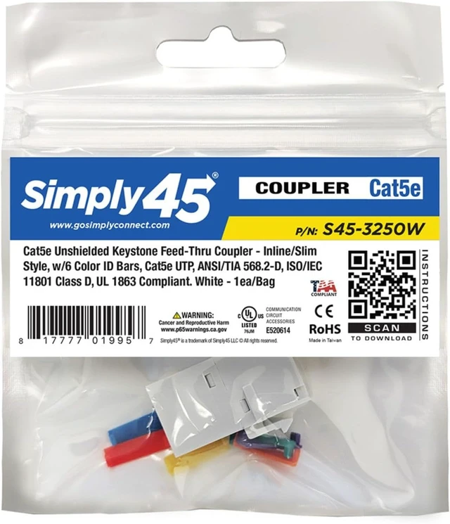 Alt view image 5 of 5 - Simply45 Keystone Coupler, Cat5e UTP White, 25-Pack