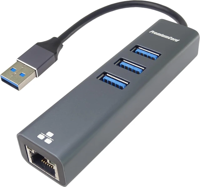 Main image of PremiumCord USB A to Gigabit RJ45 + 3X USB A Ethernet 10/100/1000Mbps USB 3.2 Gen 1 5Gbps Male to Female Adapter Aluminum Length 15cm
