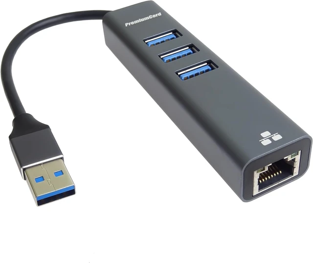 Alt view image 6 of 7 - PremiumCord USB A to Gigabit RJ45 + 3X USB A Ethernet 10/100/1000Mbps USB 3.2 Gen 1 5Gbps Male to Female Adapter Aluminum Length 15cm