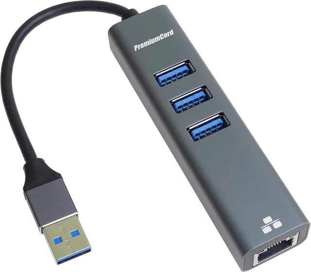 Alt view image 7 of 7 - PremiumCord USB A to Gigabit RJ45 + 3X USB A Ethernet 10/100/1000Mbps USB 3.2 Gen 1 5Gbps Male to Female Adapter Aluminum Length 15cm