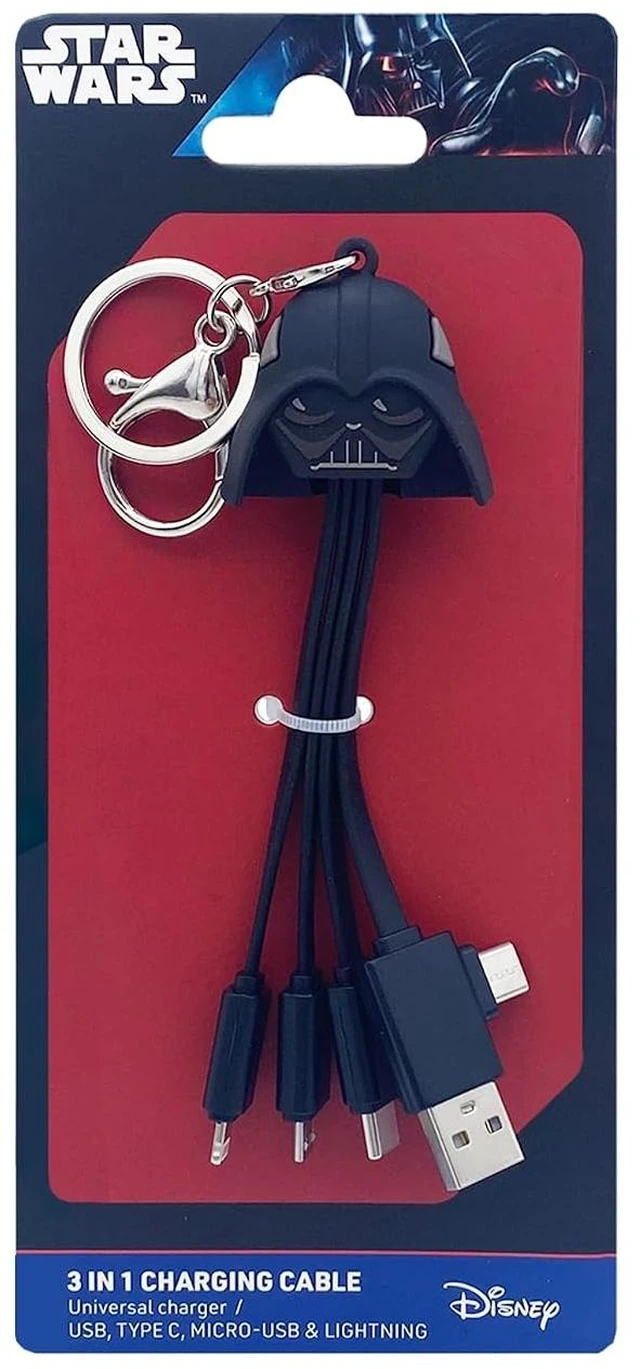 Main image of WONDEE Darth Vader 3 in 1 Universal Charging Cable with Door - Key Multi End Cable Dual Input USB and USB C to USB C/Lightning/Micro USB Compatible with iPhone and All (5.9")