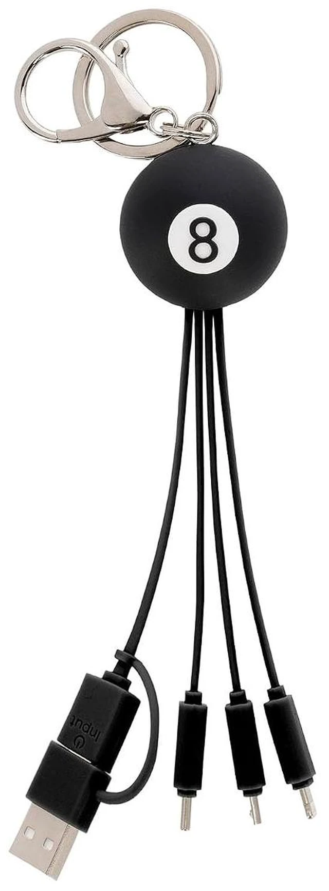 Main image of Legami - Multiple Link Up Charging Cable, Theme 8 Ball, with Keychain, 4 USB Charging Cables, Type-C, Micro-USB, Lightning, with USB Type C Adapter, TPE Coated Cable
