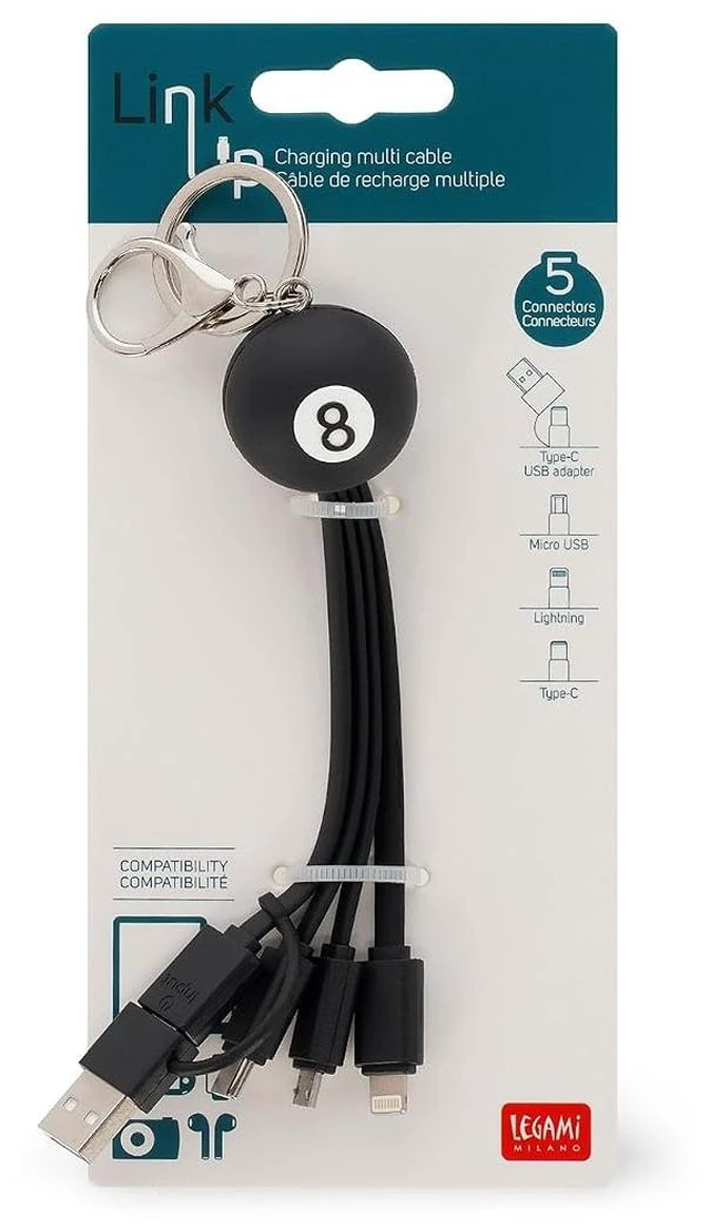 Alt view image 3 of 3 - Legami - Multiple Link Up Charging Cable, Theme 8 Ball, with Keychain, 4 USB Charging Cables, Type-C, Micro-USB, Lightning, with USB Type C Adapter, TPE Coated Cable