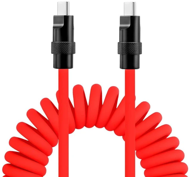 Main image of Alvin's Cables USB-C Cable, Personalized PD Fast Charging Cord with Data Transfer for iPhone, iPad, Android, Laser Engraving Custom Text,Logo Ultra-Soft Coiled Cable, Red