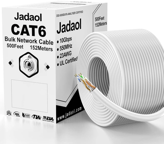 Main image of Jadaol Cat6 Riser (CMR) Bulk Ethernet Cable 500ft 23AWG 10Gbps PoE++ White