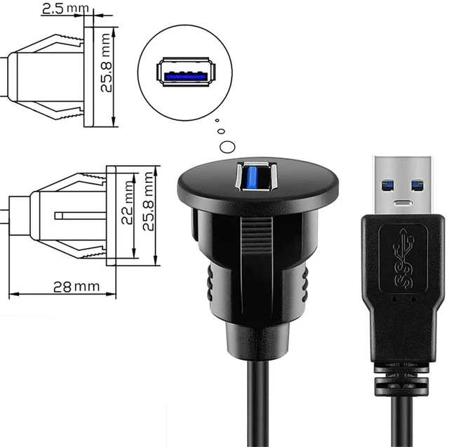Alt view image 3 of 6 - Type C 3.1 Car Flush Mount Cable USB C Panel Mount Male to Female Extension USB Cable for Car Truck Boat Motorcycle Dashboard