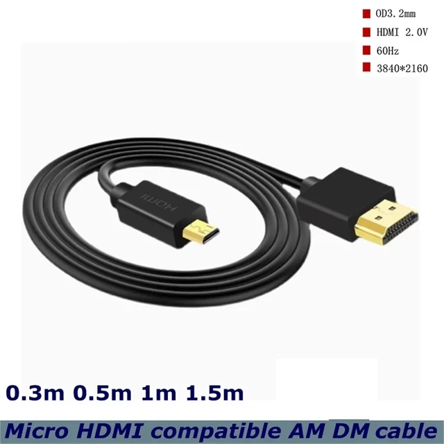 Alt view image 2 of 5 - 30cm-150cm High Speed Micro HDMI-Compatible Male to Male 4K 3D 1080P for Tablet Camcorder OD 3.2mm Ultra Thin Cable