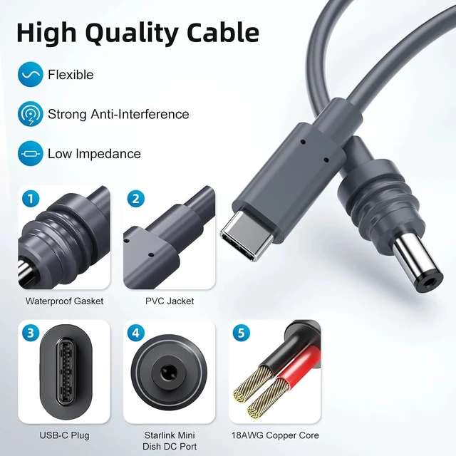 Alt view image 5 of 7 - USB C to DC Power Cable for 2M 5M for Starlink Mini USB Type-C Input to Waterproof Power Cable fit Starlink Gen3 Mini(2m)