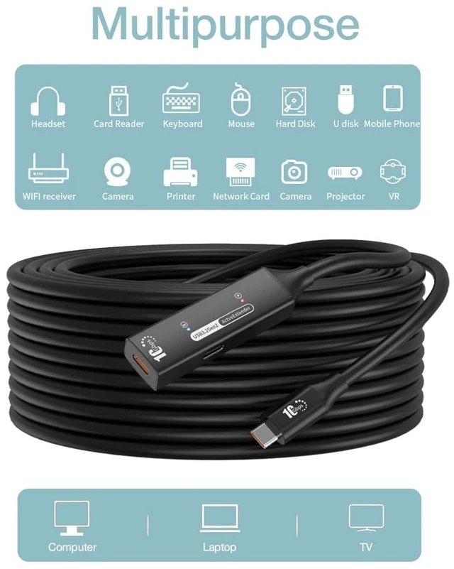 Alt view image 3 of 7 - PREMIUMCORD Active USB-C Extension Cable with Repeater 10 m, Female to Type C Male Connector, USB 3.2 Gen 2 SuperSpeed+ 10Gbit/s, Double Shielded, Aluminum Housing, Black, Length 10 m