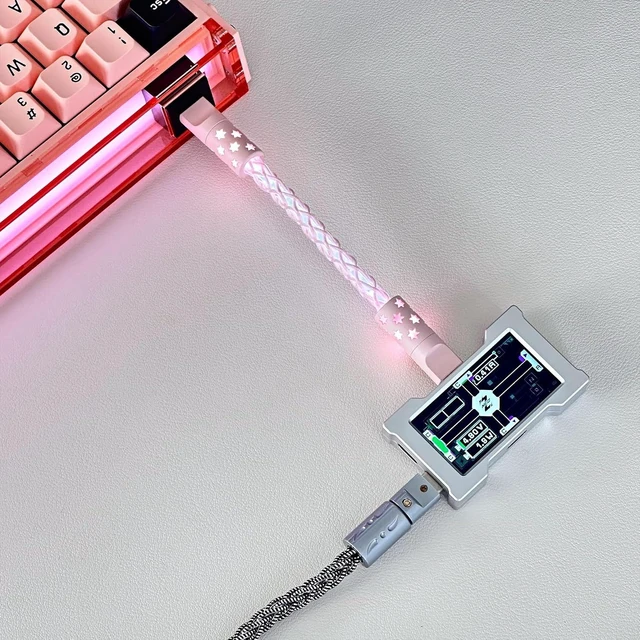 Alt view image 2 of 6 - Custom USB C Keyboard Cable with RGB Lighting for 8KHz Magnetic Keyboard, Single Crystal Copper Braided Charging Cable USB C to Type C, Led Light Up Charger Cord CNC Aviation Connector