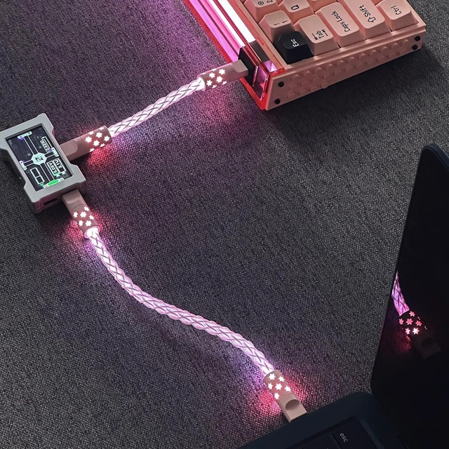Alt view image 3 of 6 - Custom USB C Keyboard Cable with RGB Lighting for 8KHz Magnetic Keyboard, Single Crystal Copper Braided Charging Cable USB C to Type C, Led Light Up Charger Cord CNC Aviation Connector