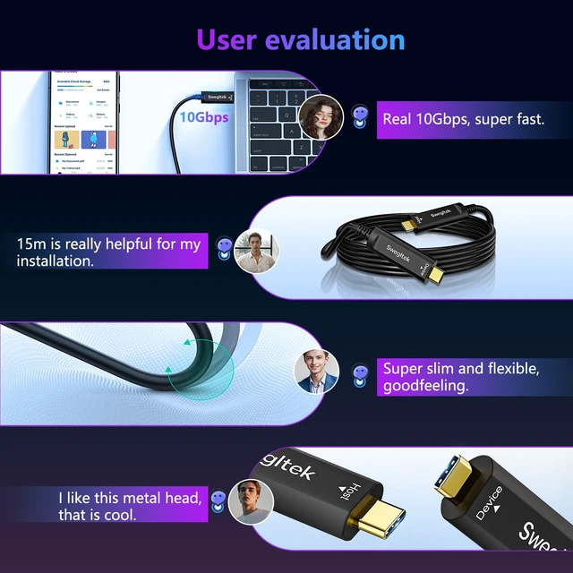 Alt view image 4 of 7 - Fiber Optic USB C Cable 100ft, 10Gbps Active Optical Type C