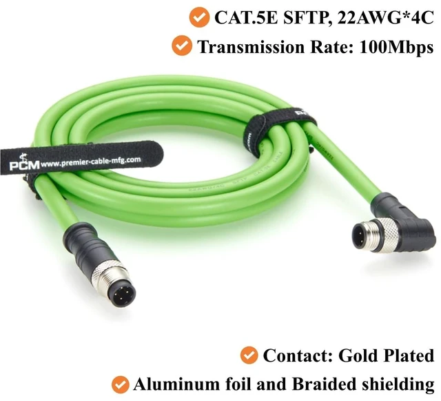 Alt view image 3 of 7 - Right Angle M12 D-Coded 4 Pin Male to Male Industrial Ethernet Cable 100Mbps CAT5e Shielded Drag Chain Cable IP67 Waterproof for PROFINET, EtherCAT, PLC, Robot, Automation, Machine Vision (2M/6.6FT)