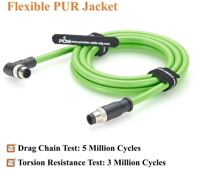 Alt view image 4 of 7 - Right Angle M12 D-Coded 4 Pin Male to Male Industrial Ethernet Cable 100Mbps CAT5e Shielded Drag Chain Cable IP67 Waterproof for PROFINET, EtherCAT, PLC, Robot, Automation, Machine Vision (2M/6.6FT)