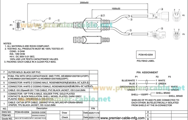 Alt view image 6 of 7 - IX to H-MTD Z Code Male & Female Y Splitter IX40G-A-10S-CV(7.0) to Rosenberger E6K10A & E6S10A AEcable 2Y Automotive Ethernet Cable, 100BASE-T1/1000BASE-T1(2M/6.6FT)