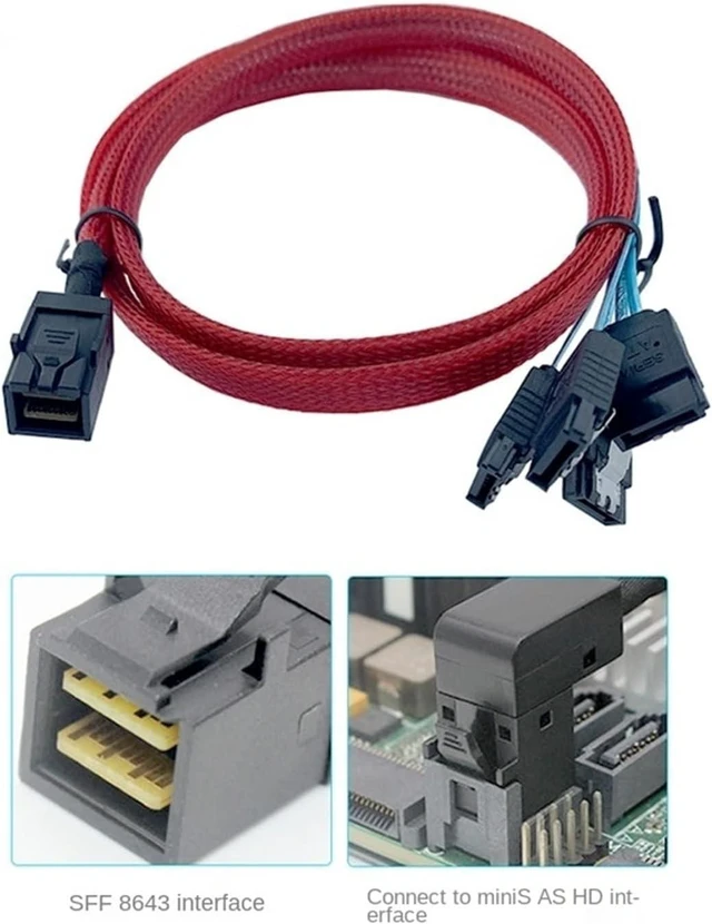 Alt view image 3 of 5 - Built-in M~ni SAS Hd SFF-8643 to 4 SATA Storage Hard Drives Red Braided Network Data Cable Server(1m)
