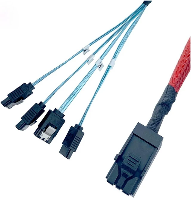 Alt view image 4 of 5 - Built-in M~ni SAS Hd SFF-8643 to 4 SATA Storage Hard Drives Red Braided Network Data Cable Server(1m)
