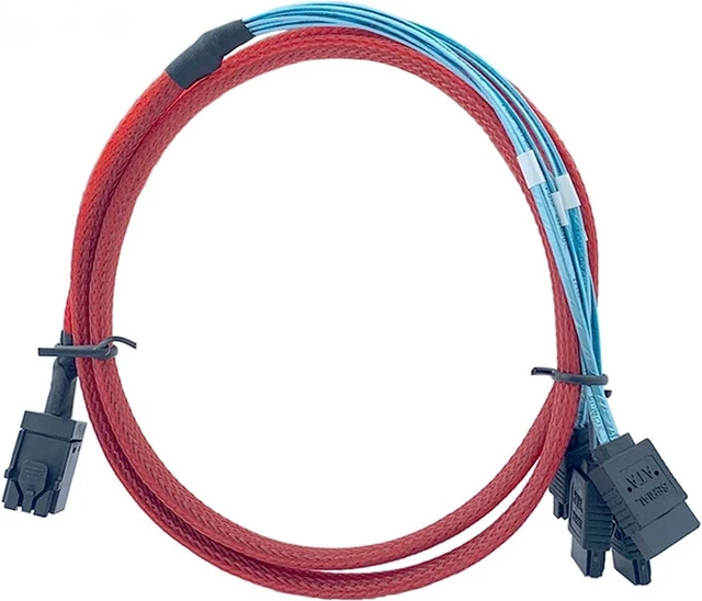 Alt view image 5 of 5 - Built-in M~ni SAS Hd SFF-8643 to 4 SATA Storage Hard Drives Red Braided Network Data Cable Server(1m)
