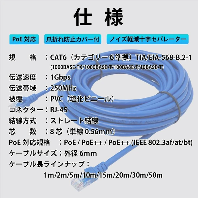 Alt view image 6 of 6 - KC-12984AM CAT6 LAN Cable, 32.8 ft (10 m) (Blue) CAT6 LAN Cable, PoE Cameras and PCs, 1 Gbps, 1000 Base-T UTP, RJ45 Connector on Both Ends with Anti-Claw Cover, Gigabit Blue, Simple