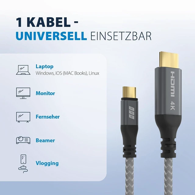 Alt view image 6 of 7 - EFB-Elektronik USB-C to HDMI Cable 4K @ 30Hz - 1.8 m, UHD Video Transmission, Braided Fabric Jacket, Aluminium Connector, Compatible with Laptops and Smartphones, Packed Without