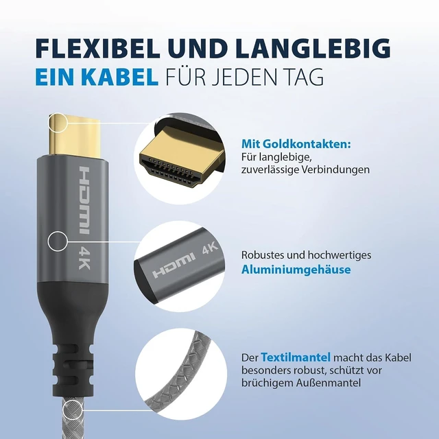 Alt view image 7 of 7 - EFB-Elektronik USB-C to HDMI Cable 4K @ 30Hz - 1.8 m, UHD Video Transmission, Braided Fabric Jacket, Aluminium Connector, Compatible with Laptops and Smartphones, Packed Without