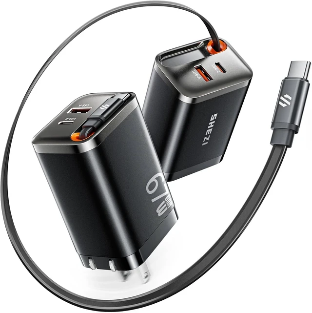 Alt view image 2 of 3 - SHEZI 67W GaN USB C Charger (Black) with 5FT 60W 4 in 1 Flat Nylon Braided Charging Cable (Grey)