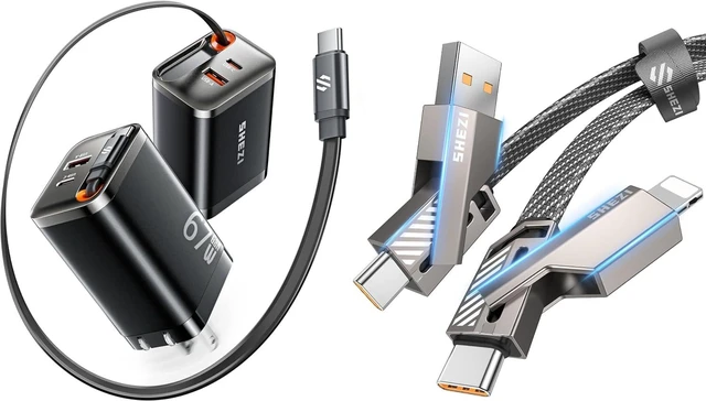 Main image of SHEZI 67W GaN USB C Charger (Black) with 5FT 60W 4 in 1 Flat Nylon Braided Charging Cable (Grey)