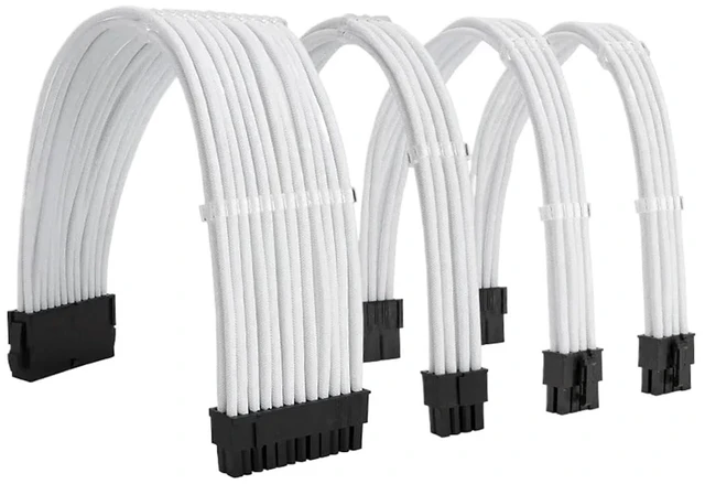 Main image of ATX Case Computer Power Extension Cord Nylon Braided Mesh Curved Wire 4-Piece Set 18AWG Tinned Copper Wire 24 Pin PCI-E 8 Pin(Kit D White)