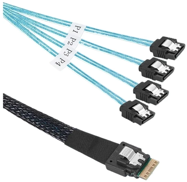 Alt view image 5 of 5 - Internal S/AS SFF-8087,SFF8643,SlimSAS SFF8654 Host to Target 4 SATA 3.0 Hard Disk Motherboard Server Data Fanout Cord(1m,8087 to 4xSATA Elbow)