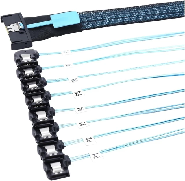 Alt view image 3 of 6 - 1.0M MCIO 74P 8X 8I S*A*S SFF-8654 8i PCI-E Ultraport Slimline 5.0 to 8X SATA 7P Left Angle Female Cable