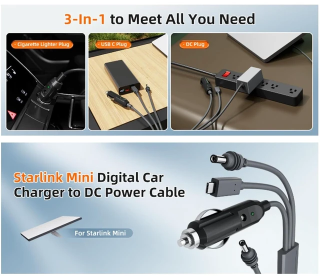 Alt view image 5 of 7 - 3 in 1 Cable for Starlink Mini Cigarette Lighter Plug Power Cable High-Speed USB C/Car Charger DC Power Cord (10m)