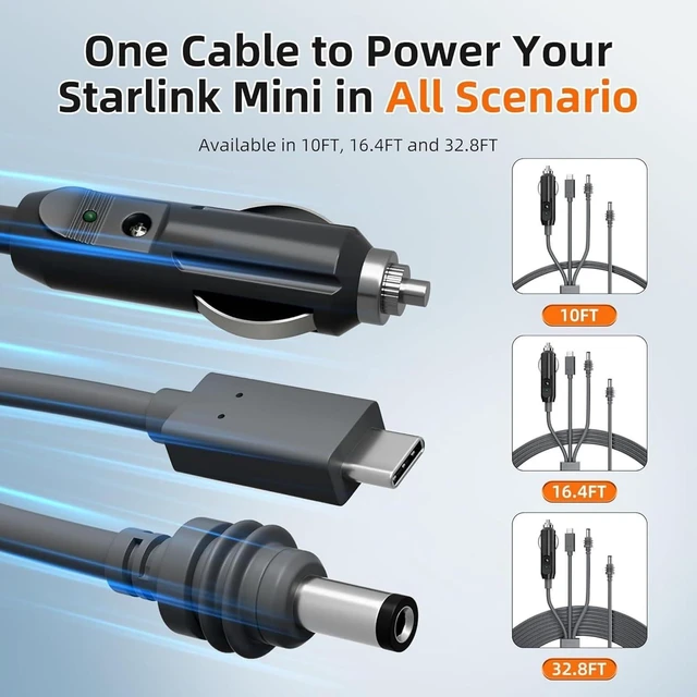 Alt view image 7 of 7 - 3 in 1 Cable for Starlink Mini Cigarette Lighter Plug Power Cable High-Speed USB C/Car Charger DC Power Cord (10m)