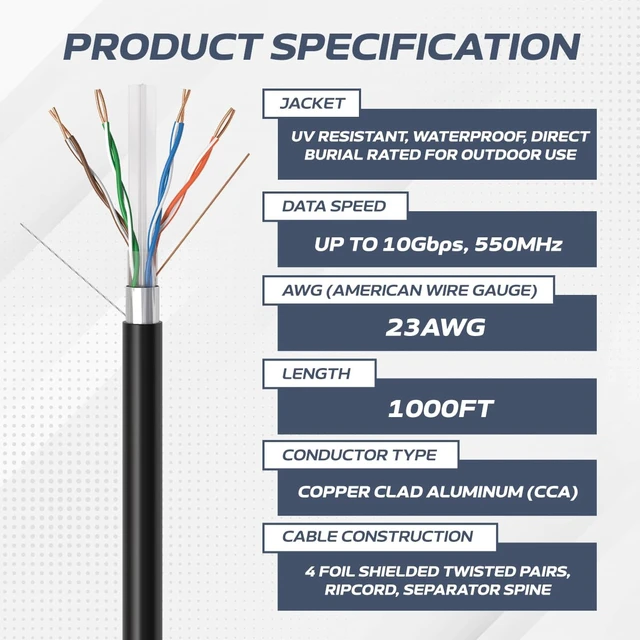Alt view image 2 of 7 - CableMaestro CAT6 Outdoor Ethernet Cable 1000FT 23AWG 550MHz Solid FTP, Shielded, UV Rated, Direct Burial, Weatherproof Wire