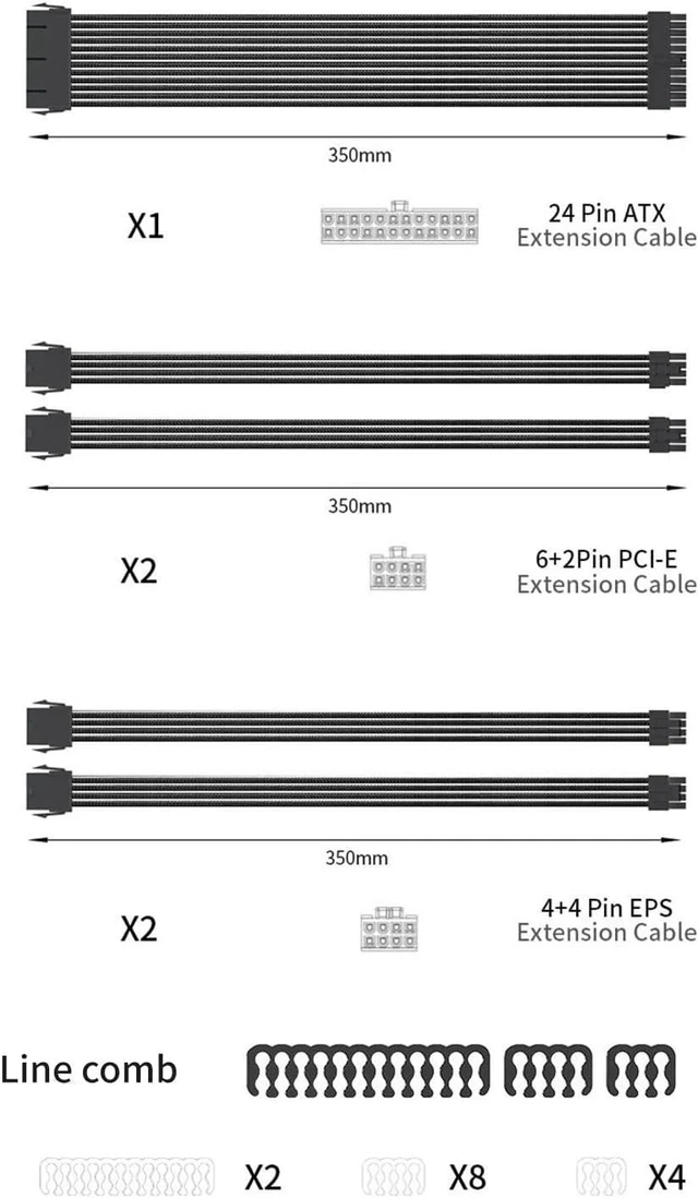 Alt view image 4 of 7 - PC Power Supply Sleeved Cable Extension Set, 35CM 24Pin PCIE 8Pin CPU 4+4Pin Extensions with Cable Combs Set, Black