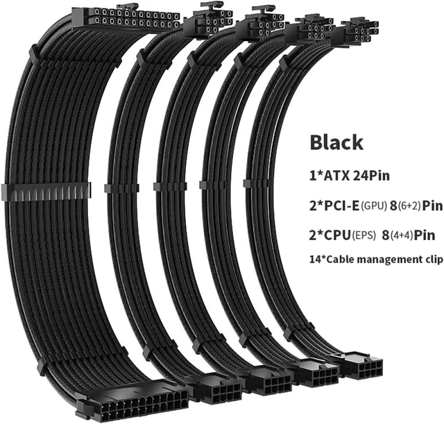 Alt view image 7 of 7 - PC Power Supply Sleeved Cable Extension Set, 35CM 24Pin PCIE 8Pin CPU 4+4Pin Extensions with Cable Combs Set, Black