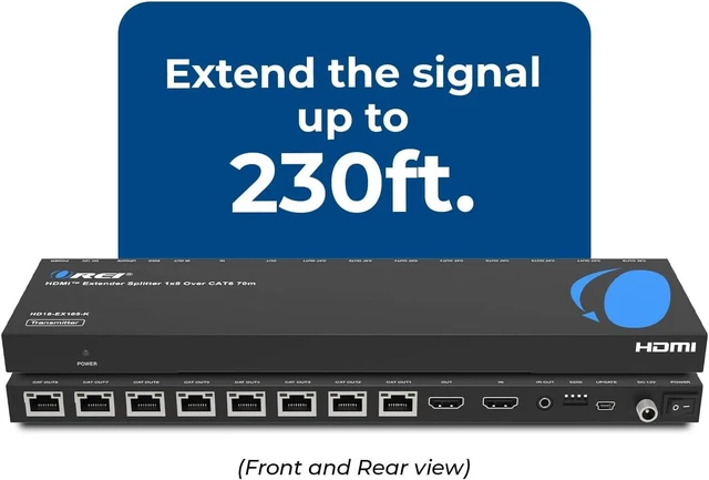 Alt view image 2 of 7 - OREI 1x8 HDMI Extender Splitter Multiple Over Single Cable CAT6/7 1080P with IR Remote EDID Management - Up to 165 Ft - Loop Out - Low Latency - Full Support
