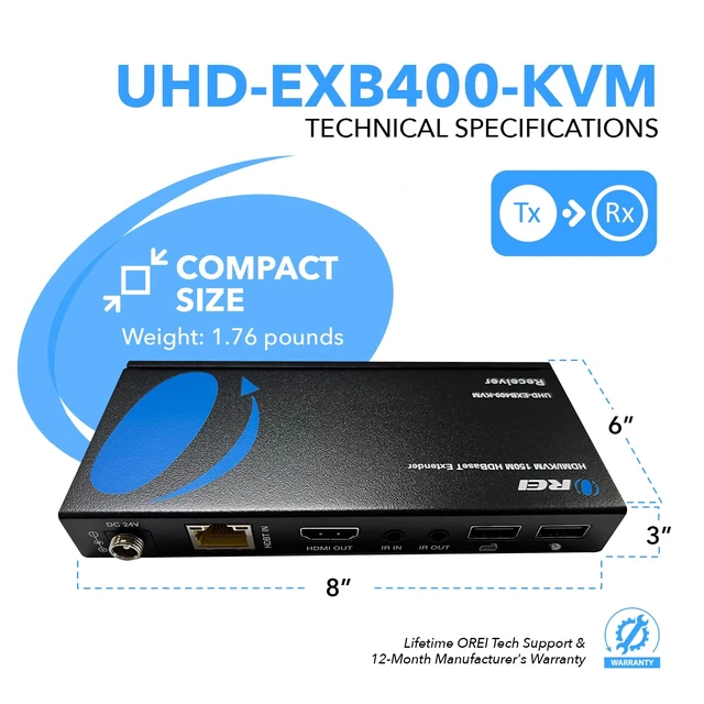 Alt view image 5 of 7 - OREI 4K KVM HDMI Extender Over LA HDBaseT PoC Single CAT5e/CAT6A/CAT7 Cable 4K @ 60Hz - Up to 400 Ft 4:4:4 - Remote Keyboard Mouse USB Control
