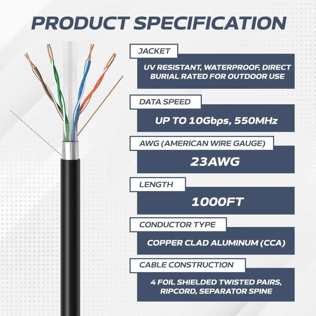 Alt view image 2 of 7 - CAT6 1000FT Shielded Outdoor 23 AWG 550 Cable FTP Wire Solid Direct Burial UV (Cat6, Shielded (FTP))