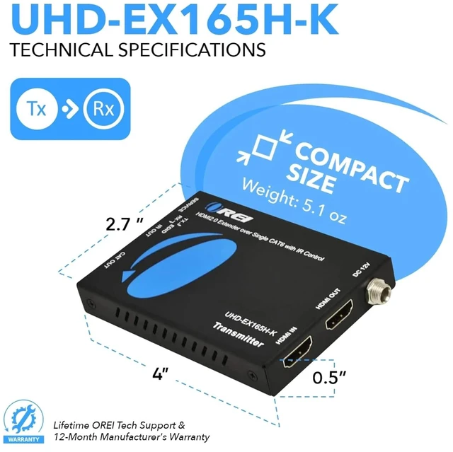 Alt view image 5 of 7 - OREI 4K@60Hz HDMI Over Cat6 Balun 165ft One-Way IR Loop Out EDID HDR 18Gbps