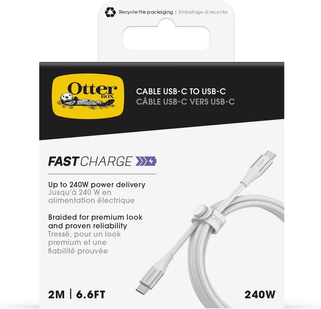 Alt view image 3 of 3 - OtterBox 240W USB-C 6ft Extended Power Fast Charging Cable, White - Braided Design with Flexible Silicone Core, Cable Organizing Loop, USB-C to USB-C Charging Cable for Phones, Laptops, and Tablets