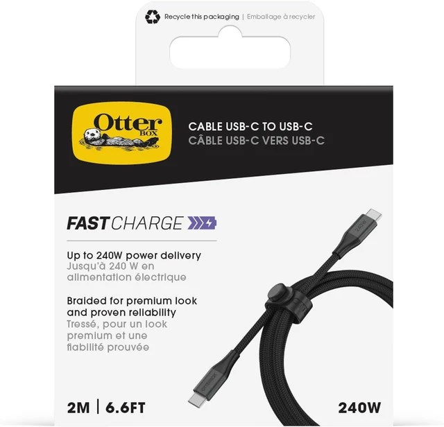 Alt view image 3 of 3 - OtterBox 240W USB-C 6ft Extended Power Fast Charging Cable, Black - Braided Design with Flexible Silicone Core, Cable Organizing Loop, USB-C to USB-C Charging Cable for Phones, Laptops, and Tablets