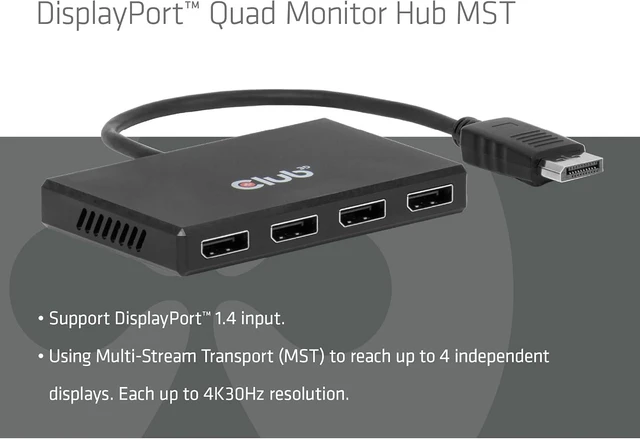 Alt view image 4 of 7 - Club 3D CSV-7400 DisplayPort to Quad Displayport MST Hub 4 x 4K 30Hz