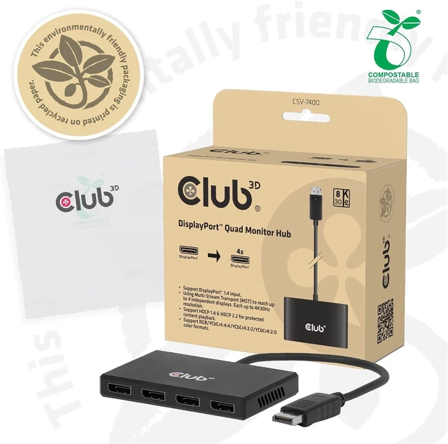 Alt view image 6 of 7 - Club 3D CSV-7400 DisplayPort to Quad Displayport MST Hub 4 x 4K 30Hz
