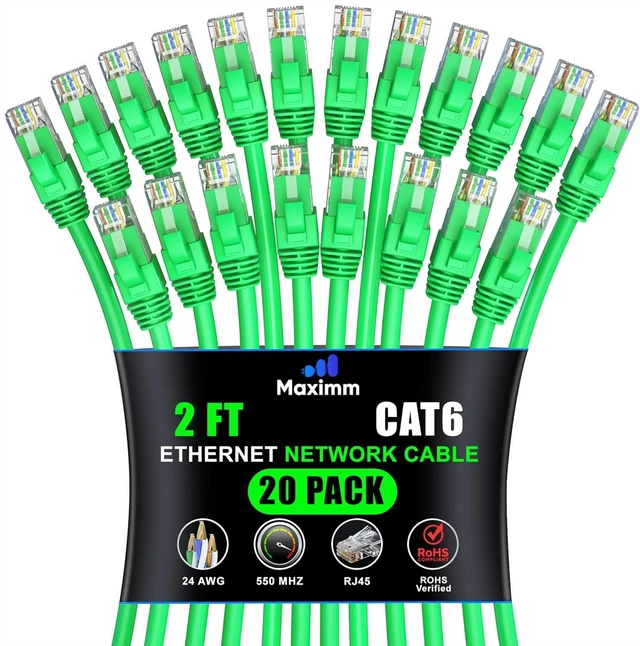 Main image of Maximm Cat 6 Ethernet Cable 2 ft (20-Pack) - High-Speed LAN Cable, Internet Cable, Patch Cable, and Network Cable - UTP, 10Gbps, 550MHz Ethernet Cord - Green