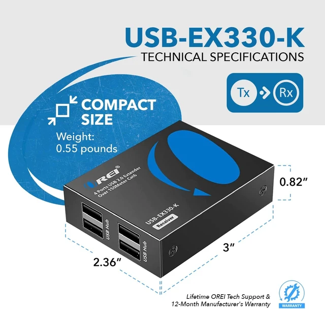 Alt view image 5 of 7 - OREI USB Extender Over Ethernet Cat6 330ft PoC 4 USB2.0 Devices Plug&Play