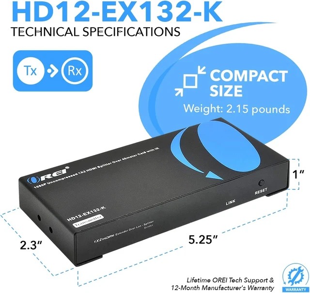 Alt view image 3 of 7 - Orei 1X2 HDMI Extender Splitter Over Single CAT6/7 Cable Uncompressed 1080P with IR Remote EDID - Up to 132 Ft - Loop Out - Low Latency - 1 Input 2 Output, HD12-EX132-K-UPG