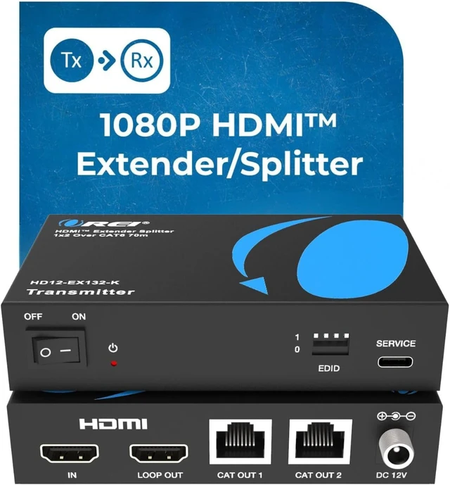 Alt view image 2 of 7 - Orei 1X2 HDMI Extender Splitter Over Single CAT6/7 Cable Uncompressed 1080P with IR Remote EDID - Up to 132 Ft - Loop Out - Low Latency - 1 Input 2 Output, HD12-EX132-K-UPG