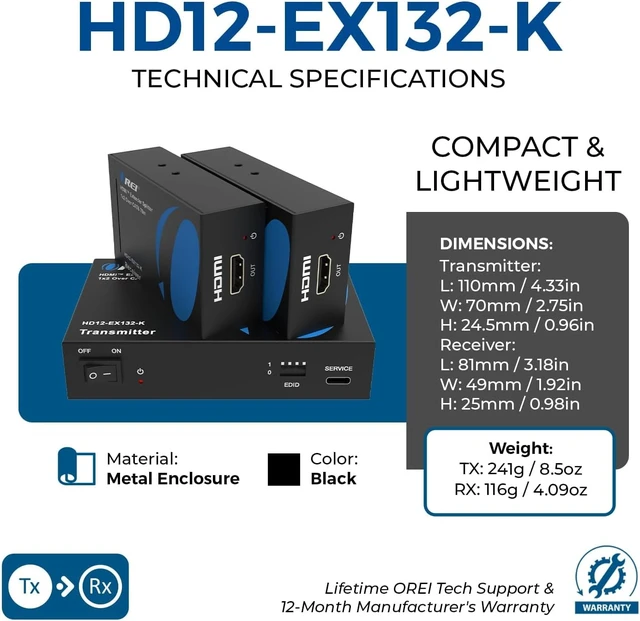 Alt view image 6 of 7 - Orei 1X2 HDMI Extender Splitter Over Single CAT6/7 Cable Uncompressed 1080P with IR Remote EDID - Up to 132 Ft - Loop Out - Low Latency - 1 Input 2 Output, HD12-EX132-K-UPG