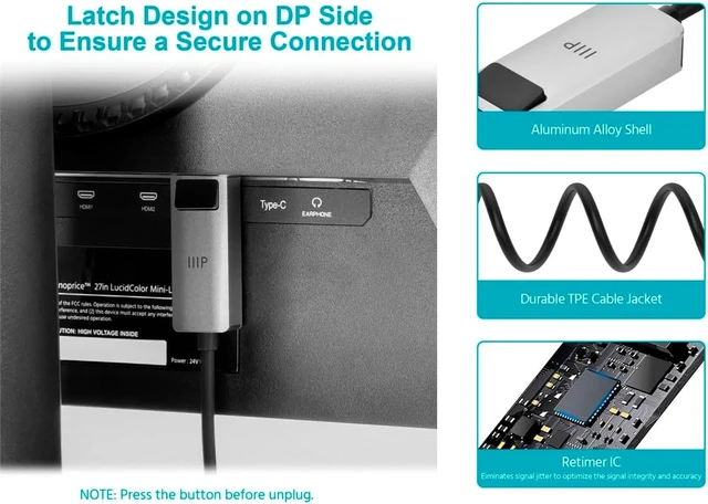 Alt view image 2 of 6 - Monoprice USB-C to DisplayPort 1.4 Active Cable - 8K60 4K120 Retimer IC HDR Locking Connector 6ft Black